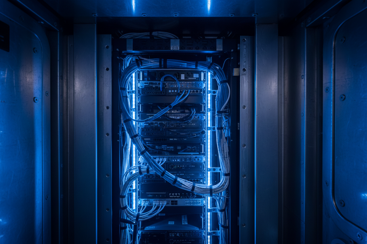 Server rack glowing with blue LEDs inside the metallic belly of a research vessel
